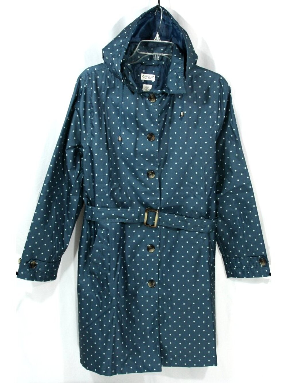Capelli New York Blue and White Polka Dot Hooded Trench Rain Coat M